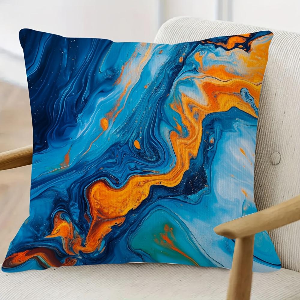 Blue & Orange Marble Fluid Art Print Throw Pillow Cover, Abstract Swirl Pattern Decorative Cushion For Modern Home
