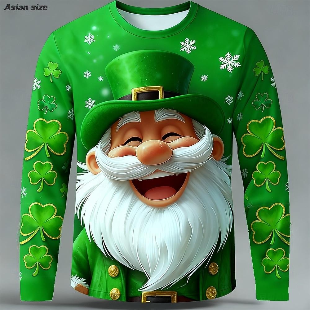2026 St Patricks Day Green T Shirt Mens Funny Lucky Gnome Graphic Long Sleeve Tees Thumbs Up Shamrock Print Casual Tops Clothing