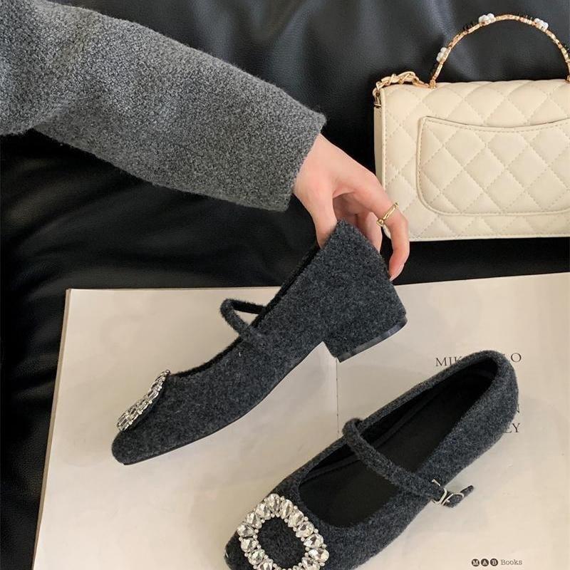 French Retro Square Head Shallow Mouth Single Shoes Spring New Rhinestone Evening Breeze Temperament Fairy Thick Heel Mary Jane Shoes