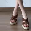 Fashion Women's Thick Bottom Slippers Summer Outdoor Wear Roman Straw Weave Wedges High Heels Sandals Casual Heightening Brown Slides