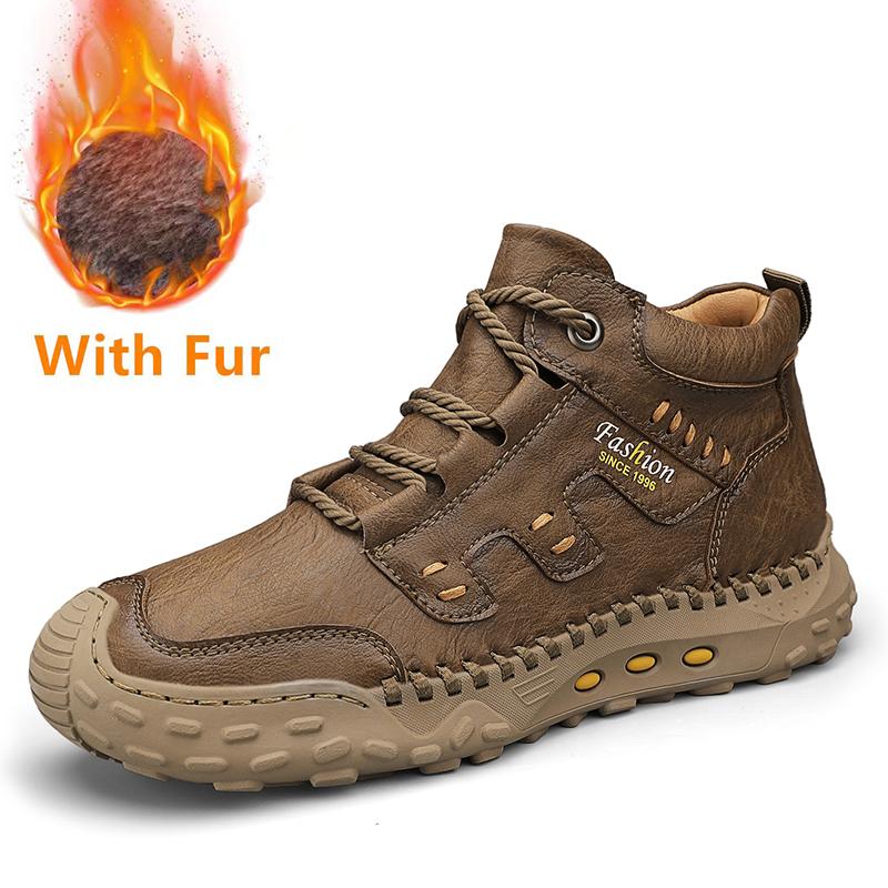 Vintage Style Men Hiking Shoes Fashion Walking Ankle Boots Comfortable Warm Winter Basic Boots Genuine Leather Male Casual Shoes