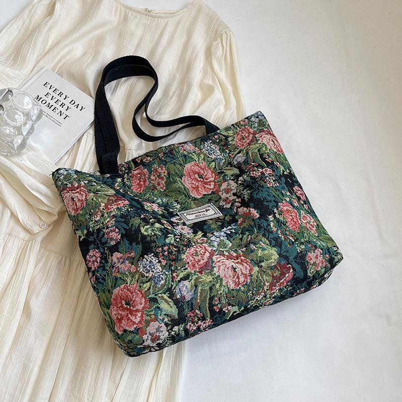 Large Floral Canvas Handbag with Shoulder Straps for Commuters and Students