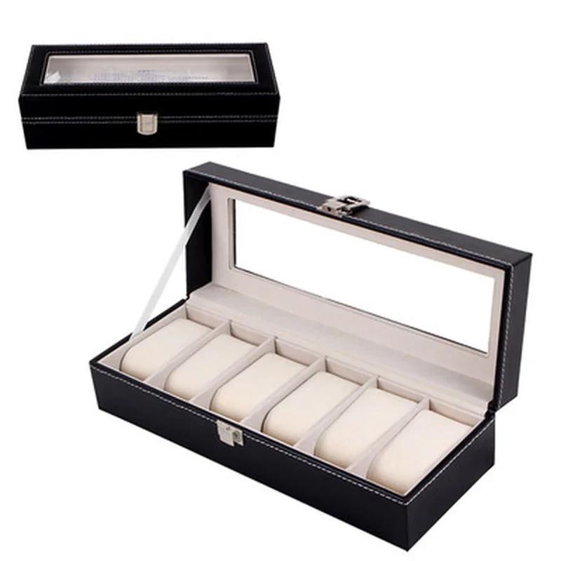 2/3/6/12 Grid PU Leather Watch Box Display Stand Black Storage Box Glass Jewelry Storage Box