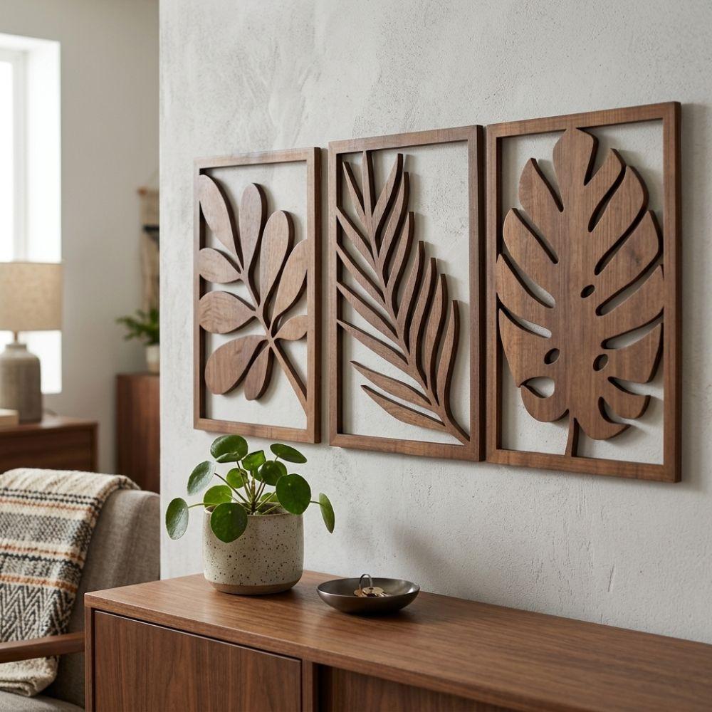 3Pcs Artistic Wooden Tropical Leaves Wall Sign Rustic Plant Wall Ornament Indoor Home Decor