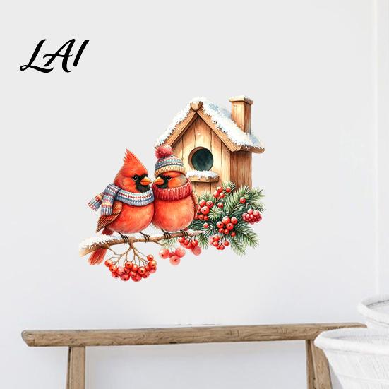 Bird Wall Decals Christmas Sticker Watercolor PVC Decal Waterproof Winter Decorative Theme Window Cling for Glass Doors And Storefronts Festive Door