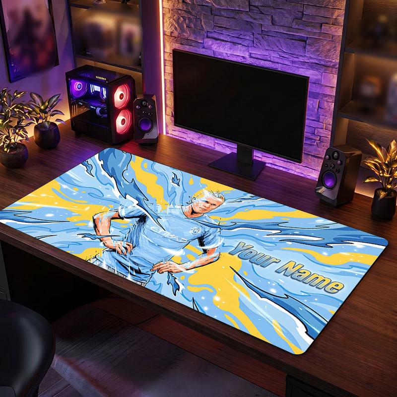 Erling Haaland Custom Large Mouse Pad, Personalized Name Text Print, Football Logo Non‑Slip Desk Mat Gaming Gift
