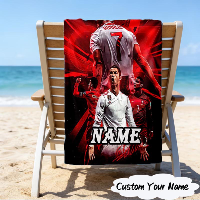 1PC Custom Name Ronaldo's Legacy Soccer Heart Beach Towel, Lightweight Quick-Dry for Man Woman, for Summer Travel, Swimming Pool Birthday Gift