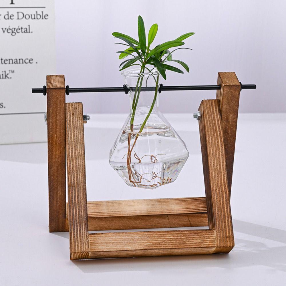 Planter Hydroponic Plant Vases Wooden Frame Bonsai Flower Pot Decoration Glass Vase