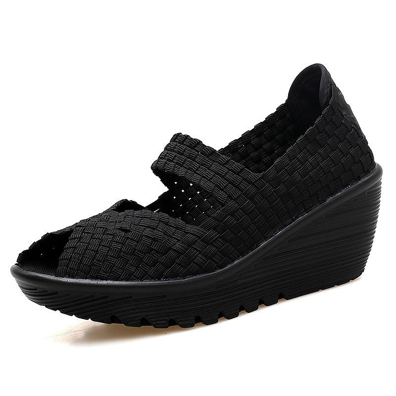 Fashion 2024New Thick Sole Slope Heel Woven Shoes Fish Mouth Sandals Comfortable Mom Shoes Large Women's Shoes