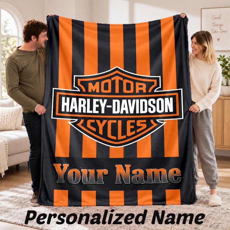Custom Name Harley-Davidson Flannel Throw Blanket Personalized Text Soft Blanket Bed Sofa Gift