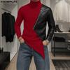 Autumn Men's High Neck Long Sleeve PU Patchwork Irregular Casual T-shirts Undershirts