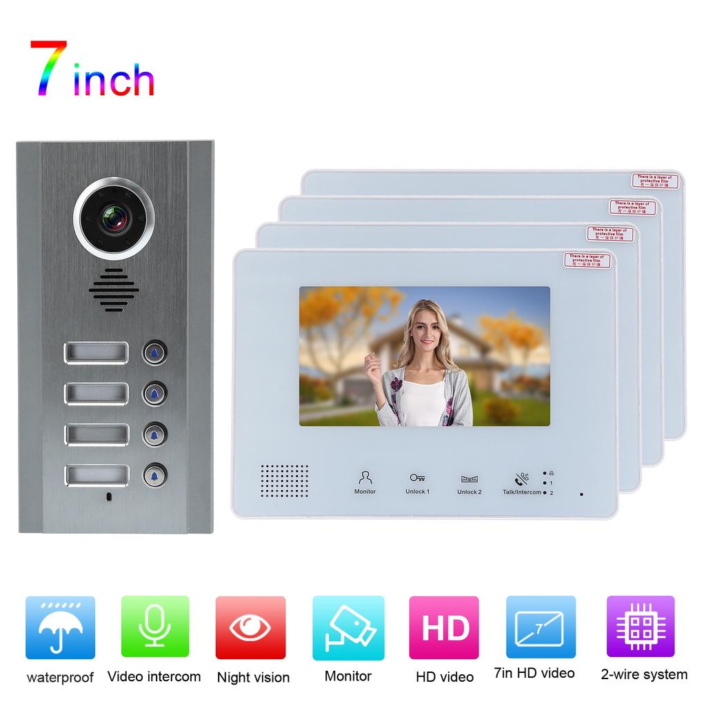 Визуальный домофон, дверной звонок, 7 дюймов, 2 провода, ночное видение, безопасность, телефон, 1 камера, 4 дисплея, 100?240В