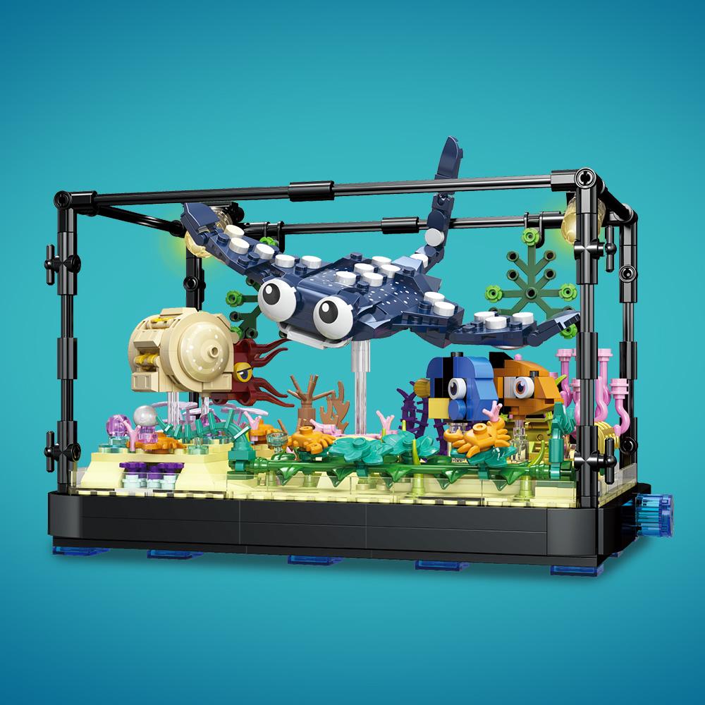 Non-Toxic Fish Tank Block Set With Lights Aquarium Marine Life Shark Eco Tank Block Playset For Kids 6+ Years Gift For Ocean Lovers