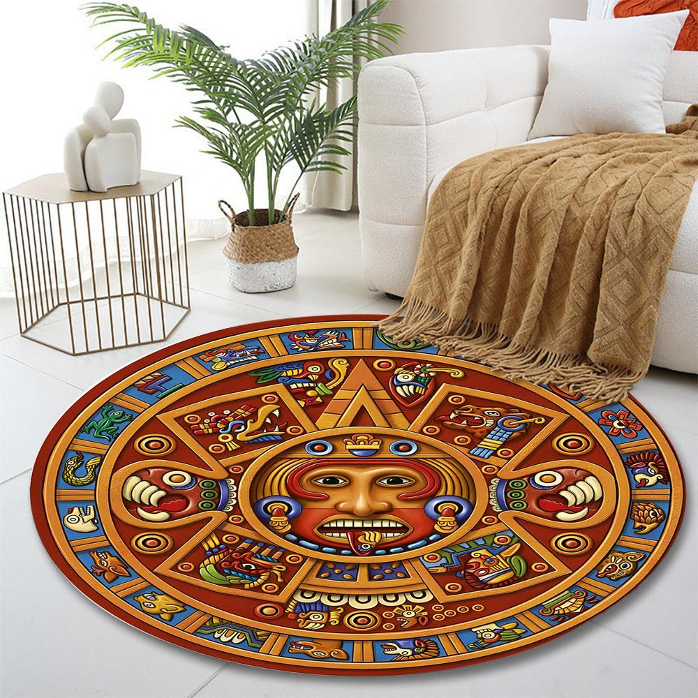 Aztec Calendar Design Rug Print round rug, living room, bedroom, playroom carpet, non slip floor mat, gift