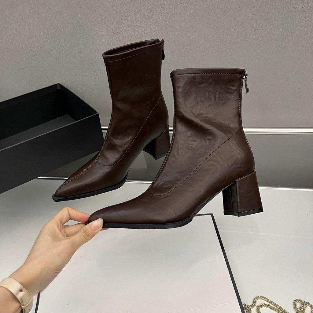 Женские короткие ботинки Острый носок Корейский однотонный Нескользящие Высокие каблуки Толстый каблук Удобная обувь Botas Mujer