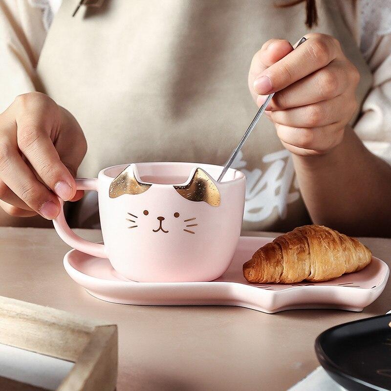 Керамическая кофейная чашка с блюдцем, ложка, мультяшная кошка, чашка для завтрака, молоко, кружка, хлеб, десерт, блюдо, подарок