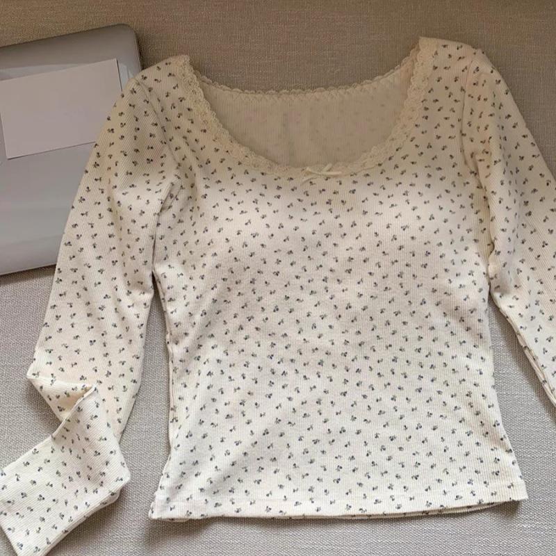 Комплект термобелья из хлопкового кружева с бантом и круглым вырезом с цветочным принтом на осень