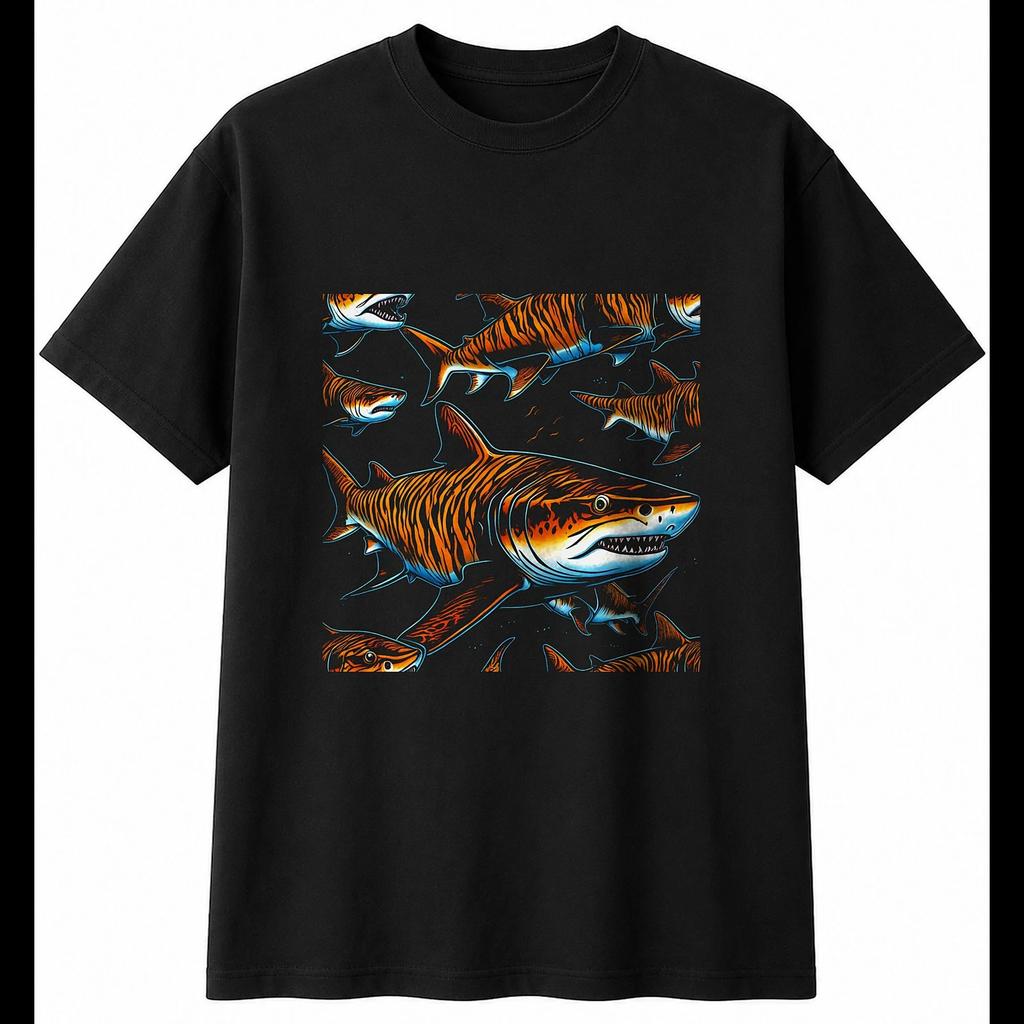 Detailed Tiger Shark Torn Sea Ocean Mens T-Shirt Black 100% Cotton Printed