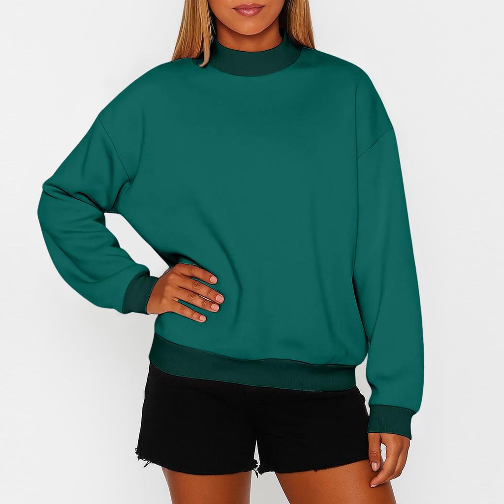 Women's Solid Color Fleece Sweatshirt With A Small High Neck And Loose Fit