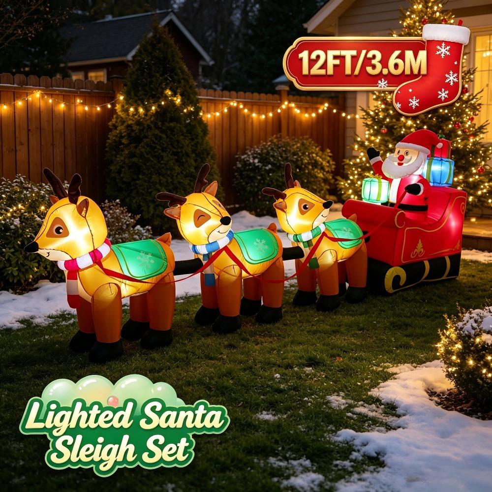 12FT/3.6M Inflatable Santa Claus Sleigh with 3 Reindeer and Gift Boxes, Christmas Outdoor Yard Decor