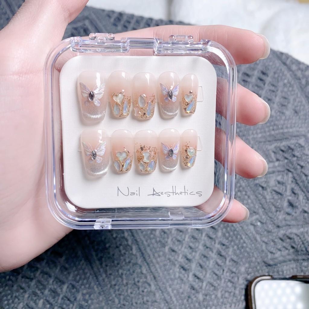 Ручная работа Французский кошачий глаз Бабочка Эльф Телесный цвет Сердце любви Алмазный дрилл Нежный белый Короткие ступеньки Наклейки для ногтей XS S M L Набор из 5