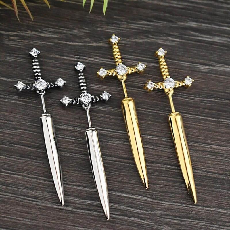 Novel Punk Multicolor Crystal Dagger- Earrings Metal Sword- Handle Studs Earrings for Women Girls Halloween Jewelry Gift