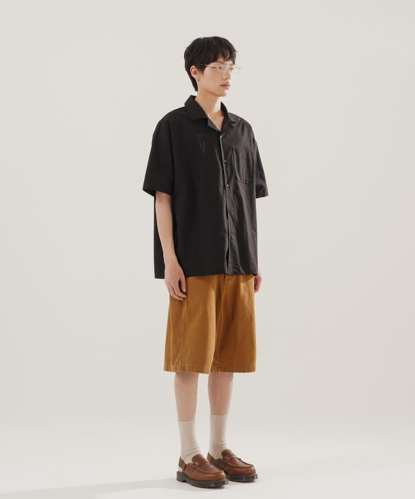 JEMUT Open Collar Linen-Like Short Sleeve Shirt Black Kjss2622