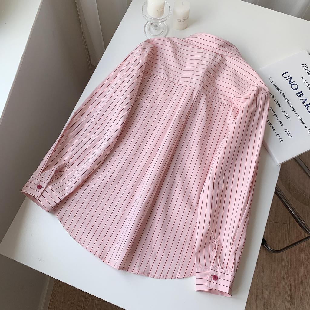 Women's Pink Pinstripe Embroidered Polo Collar Long Sleeve Shirt - Korean Spring Design