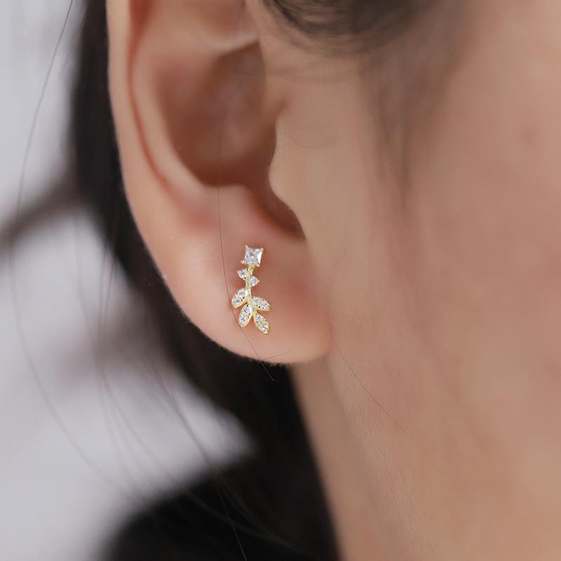 S925 Sterling Silver 14K Gold Plated Zircon Leaves Stud Earrings Korean Flower Plant Earrings
