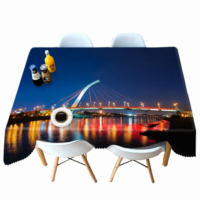 Thicken Cotton Tablecloth Bay City View Night Lights Pattern Rectangular Round Table Cloth For Wedding Picnic Party