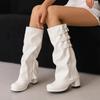 Plus Size 45 46 48 Winter New Round Toe Pleated Pants Boots Women Yellow White Belt Buckle Zip High Heels Knee High Knight Boots