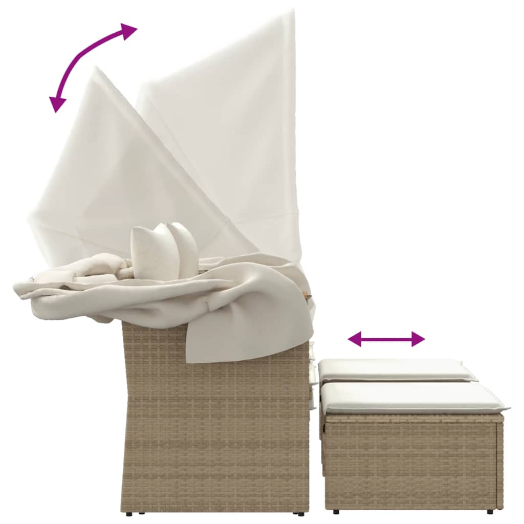 2 Seater Garden Sofa with Canopy and Footstools Beige Poly Rattan