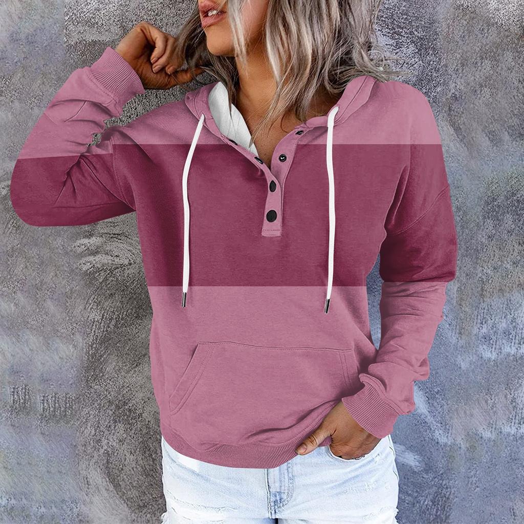 Womens Hooded Button Collar Drawstring Hoodies Pullover Sweatshirts Casual Long Sleeve Tops Shirts