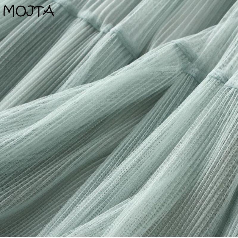 MOJTA Summer Women's High Waist Mid-length A-line Skirt Thin Pleated Mesh Skirt