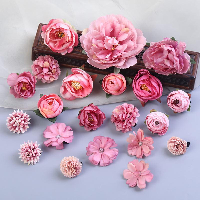 Vintage Flower Hair Clip Set Red Color Series Peony Rose Chrysanthemum Hair Clip For Women Elegant Hanfu Hair Accessories