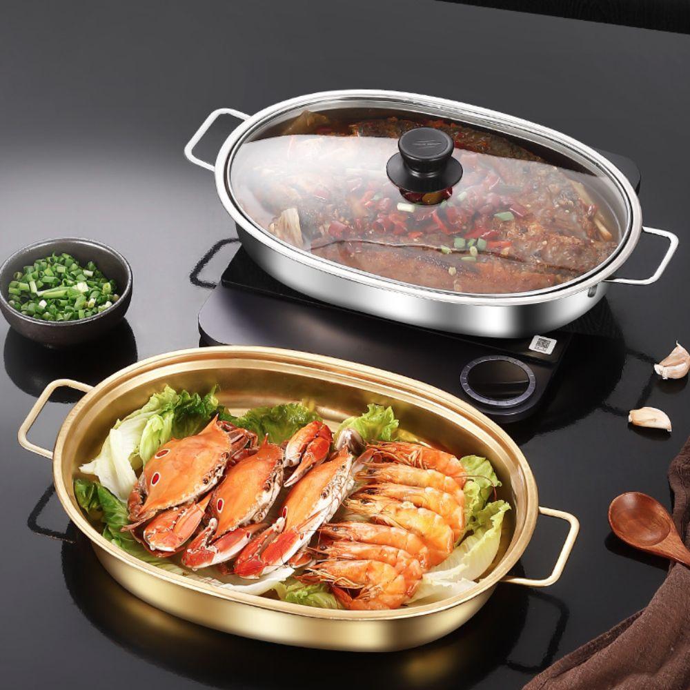 Stainless Steel Oval Grilled Fish Pan Deepened Hot Pot Multipurpose Barbecue Grill Pan Commercial