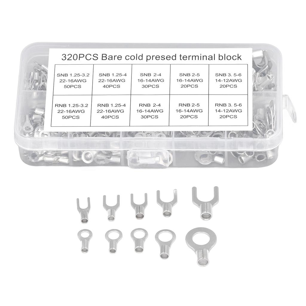 320Pcs Ring Terminal Fork Connector Kit Non Insulated Wire Lugs Battery Cable Terminals Electric Copper Crimp Fork Round