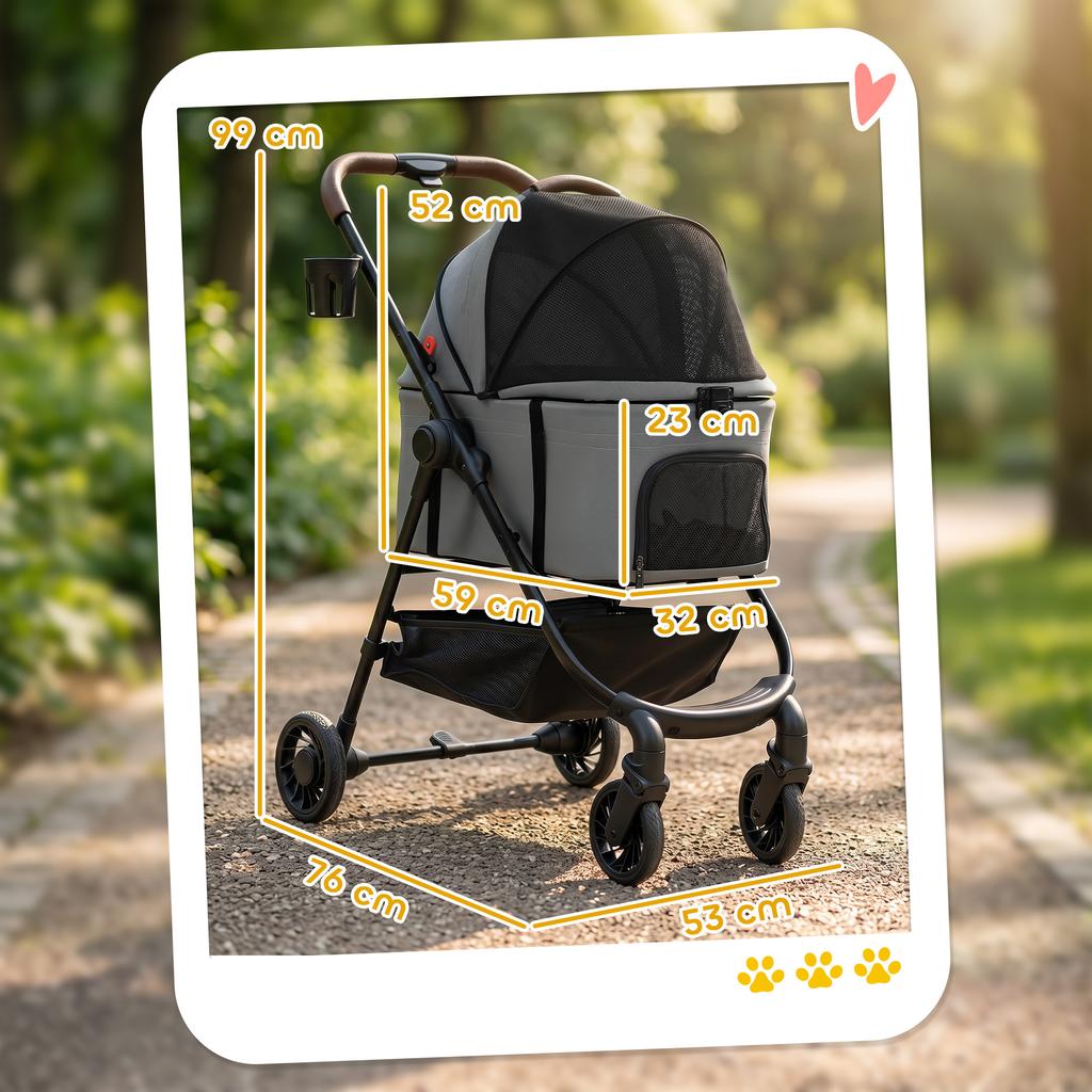 Dog Stroller 3 In 1 Foldable Pet Stroller For Small Puppy Cat With Detachable Travel Carrier Storage Basket Grey