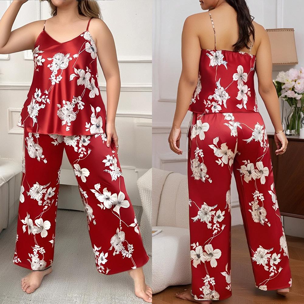 Большие размеры женские новые однотонные принтованные брюки-халтер комплект из двух частей пижамы