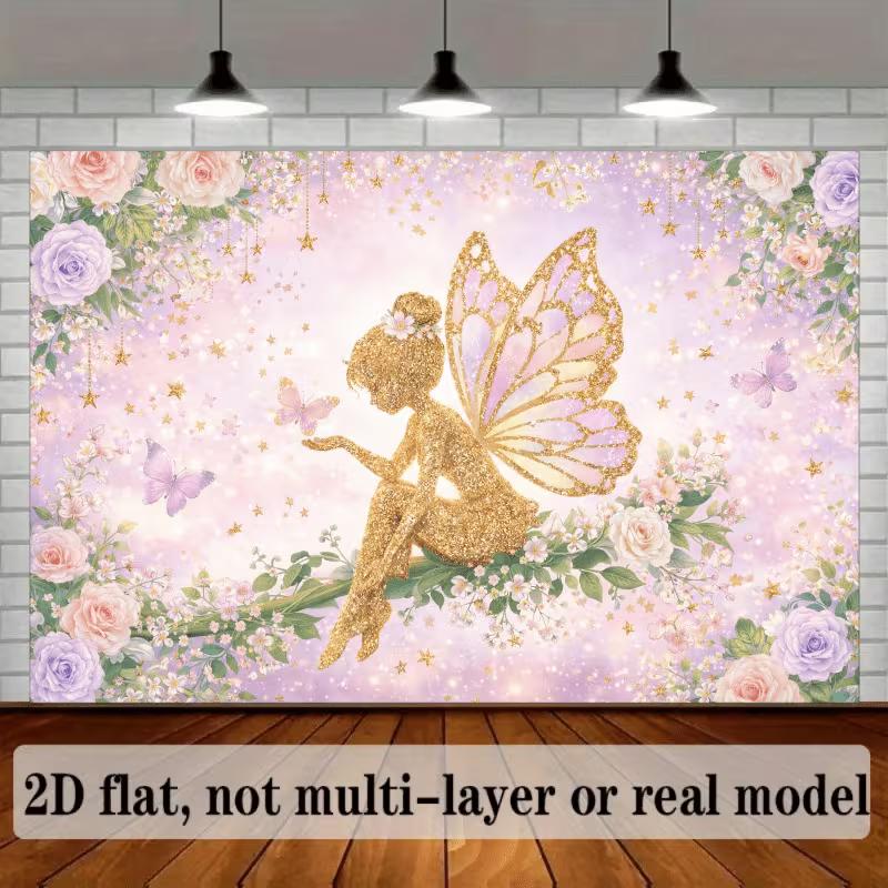 2D Fairy Backdrop for Girls Birthday Party, Pink Purple Floral Butterfly Photo Background