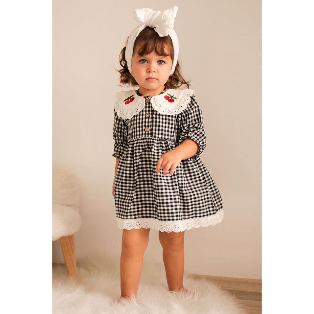 Baby Girl Red White Gingham Cherry Embroidered Ruffle Collar Dress