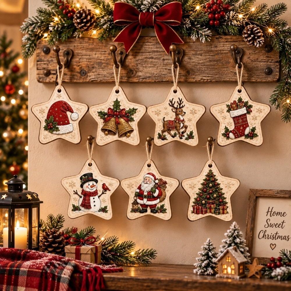 8 pcs Wooden Christmas Tree Ornaments 2D Flat Print Santa Claus Decor Holiday