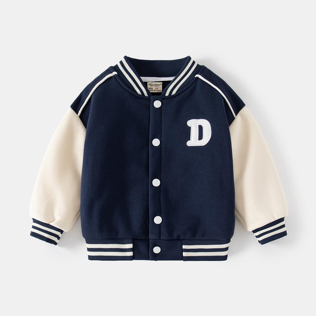 Boys Fleece Baseball Jacket V Neck Letter Print Warm Casual Outerwear Fashion Clothing for Toddler and Kids