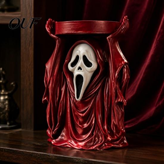 Seasonal Window Display Halloween Grim Reaper Candle Holder, Spooky Screaming Ghost Candlestick Tealight Holder Table Centerpiece for Indoor