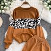 Autumn Winter Designer Print Leopard Knitted Sweater Trouser Two Piece Set Women O-neck Pullover Tops And Ankle Length Pants Suit