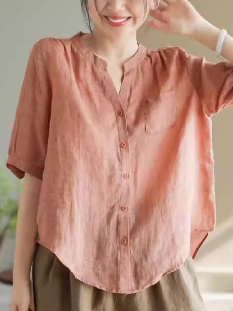 Johnature Women Vintage Solid Color Shirts V-Neck Short Sleeve Tops Patchwork Pockets Summer Casual Blouses