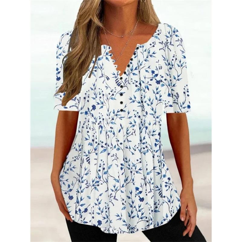 Trendy And Cool Women's Summer Loose V-neck Pullover Short-sleeved Button Printed T-shirt