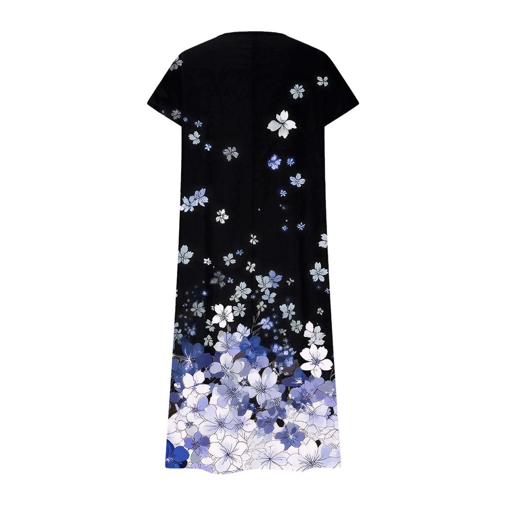 Модное женское летнее пляжное платье с V-образным вырезом и коротким рукавом из хлопка и льна с винтажным цветочным принтом