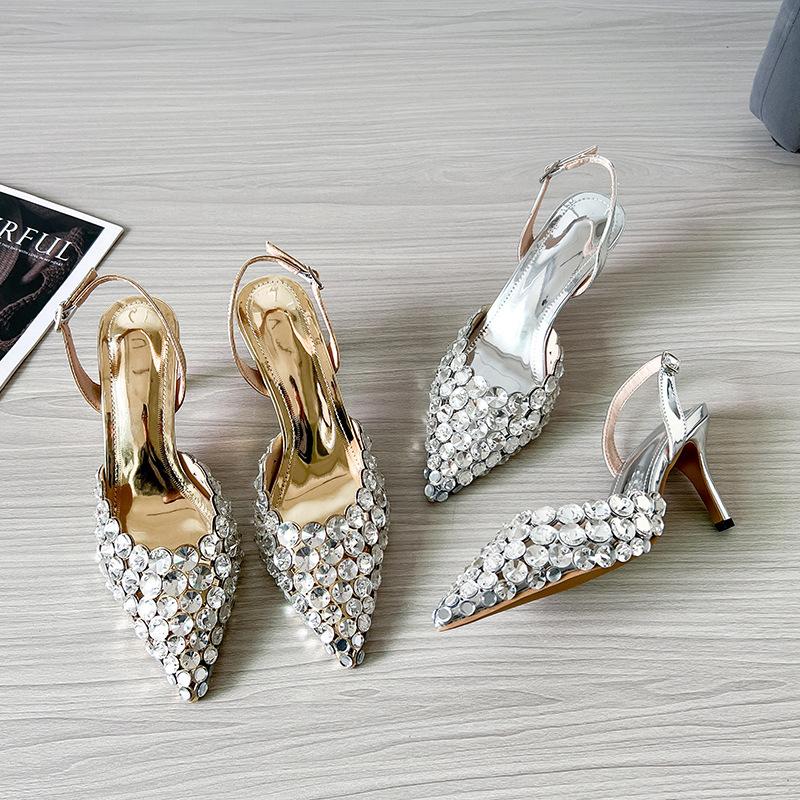 Универсальная мода лето новый мешок голова шпилька сексуальные остроносые сандалии со стразами французские женские одинарные туфли