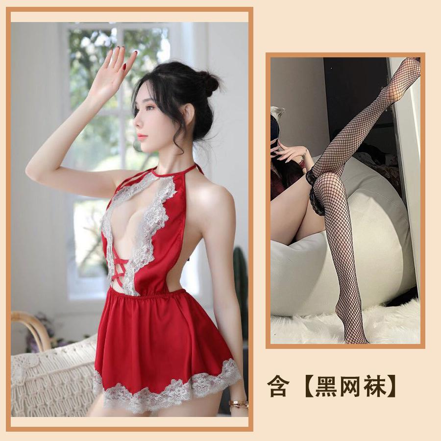 Sexy Lingerie Sexy Cute Girl Seduction Lace Neck Deep V Home Perspective Nightdress Set